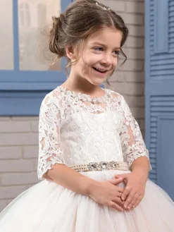 Flower Girl Dresses Jewel Neck Lace Long Sleeves Floor-Length Princess Silhouette Embroidered Formal Kids Pageant Dresses