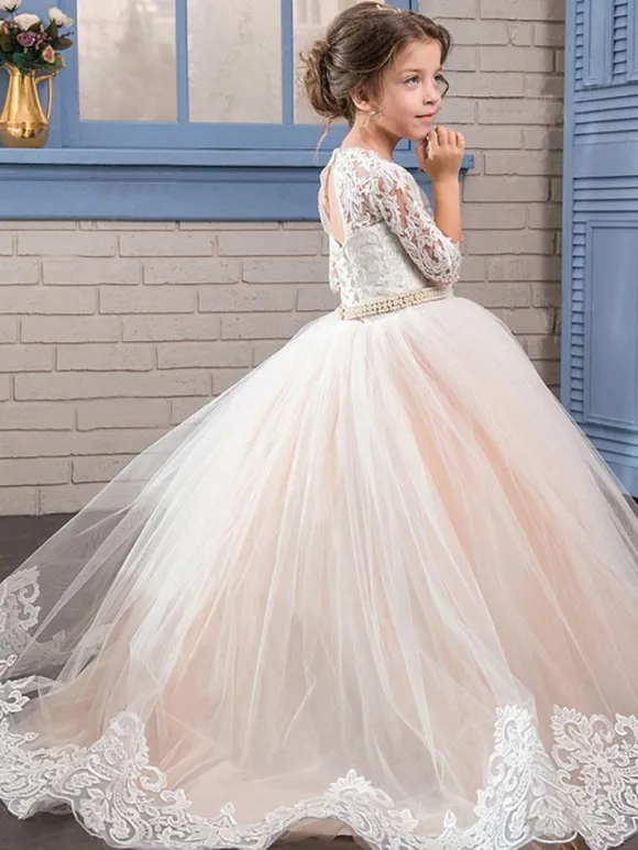 Flower Girl Dresses Jewel Neck Lace Long Sleeves Floor-Length Princess Silhouette Embroidered Formal Kids Pageant Dresses