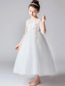 Flower Girl Dresses Jewel Neck Half Sleeves Bows Kids Party Dresses