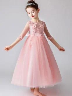 Flower Girl Dresses Jewel Neck Half Sleeves Bows Kids Party Dresses