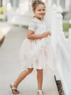 Flower Girl Dresses Jewel Neck Short Sleeves Kids Party Dresses