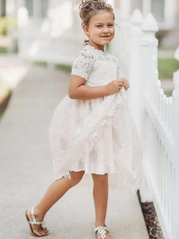 Flower Girl Dresses Jewel Neck Short Sleeves Kids Party Dresses