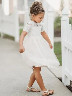 Flower Girl Dresses Jewel Neck Short Sleeves Kids Party Dresses