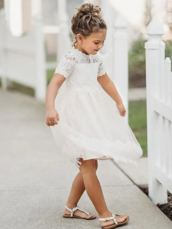 Flower Girl Dresses Jewel Neck Short Sleeves Kids Party Dresses