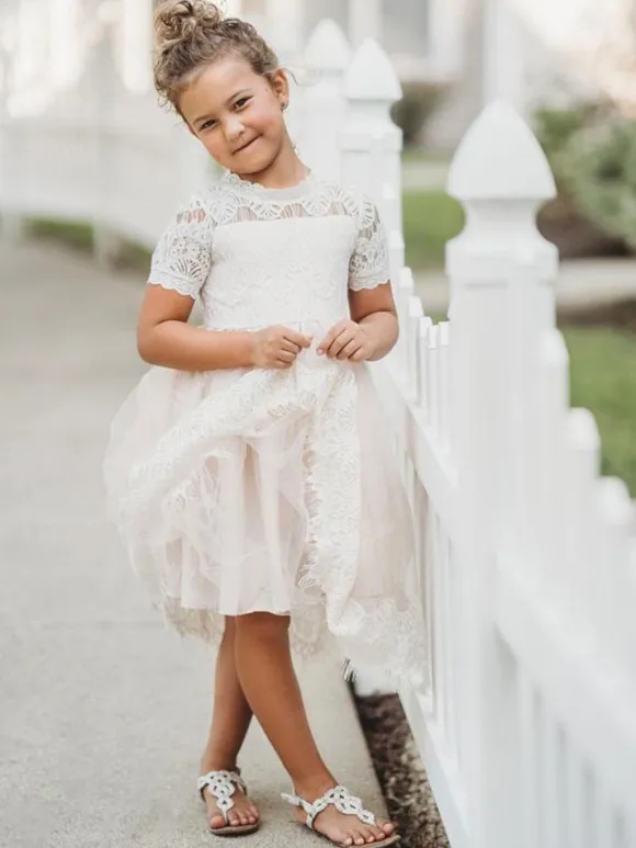 Flower Girl Dresses Jewel Neck Short Sleeves Kids Party Dresses