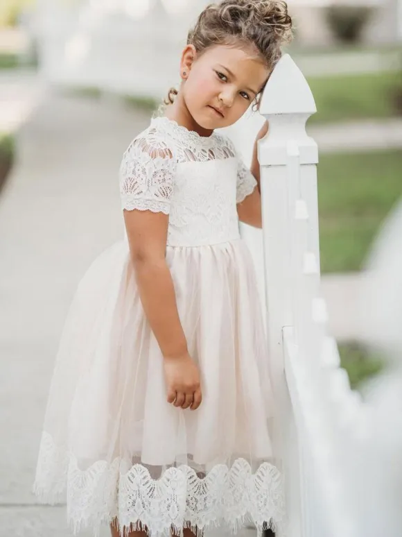 Flower Girl Dresses Jewel Neck Short Sleeves Kids Party Dresses