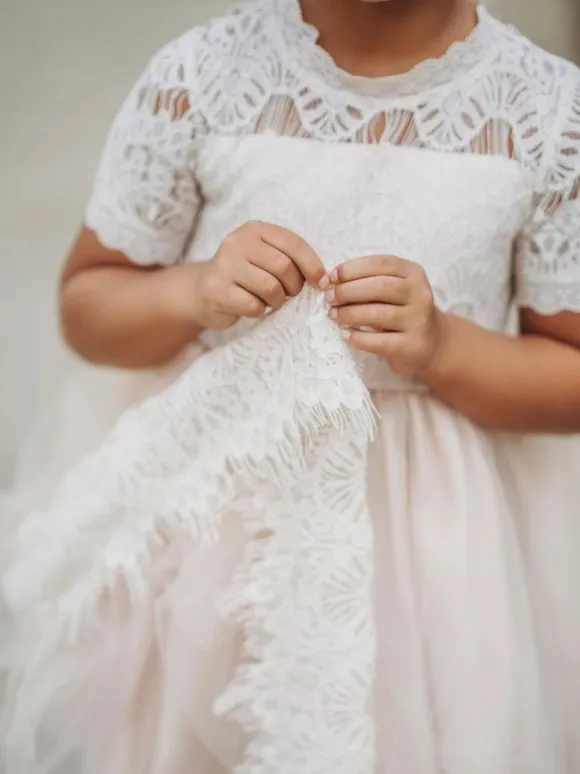 Flower Girl Dresses Jewel Neck Short Sleeves Kids Party Dresses