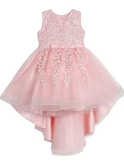 Flower Girl Dresses Jewel Neck Lace Sleeveless Knee-Length A-Line Bows Red Kids Social Party Dresses