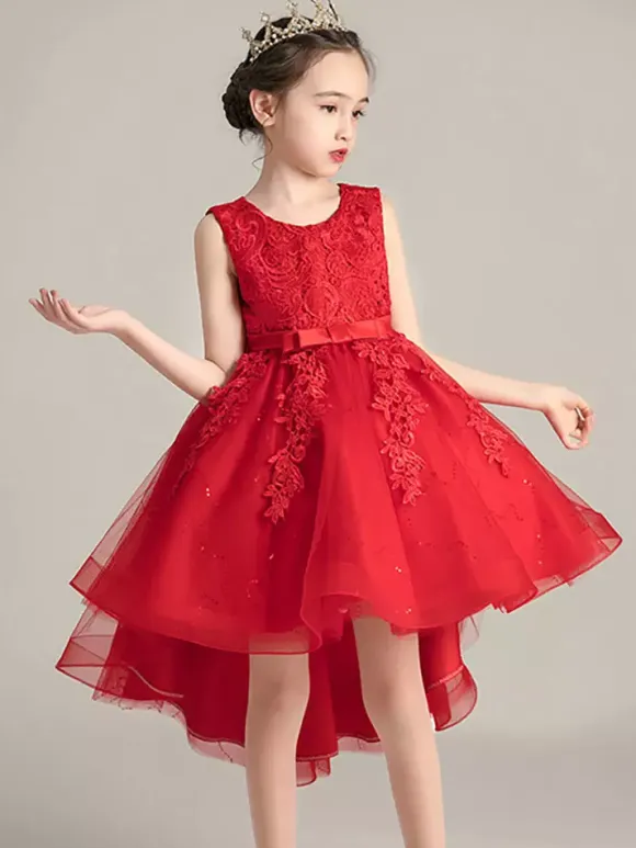 Flower Girl Dresses Jewel Neck Lace Sleeveless Knee-Length A-Line Bows Red Kids Social Party Dresses