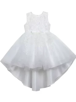Flower Girl Dresses Jewel Neck Lace Sleeveless Knee-Length A-Line Bows Red Kids Social Party Dresses
