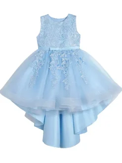 Flower Girl Dresses Jewel Neck Lace Sleeveless Knee-Length A-Line Bows Red Kids Social Party Dresses