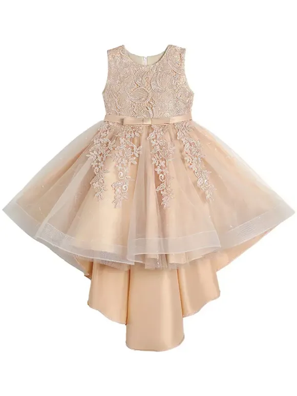 Flower Girl Dresses Jewel Neck Lace Sleeveless Knee-Length A-Line Bows Red Kids Social Party Dresses