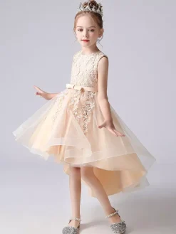 Flower Girl Dresses Jewel Neck Lace Sleeveless Knee-Length A-Line Bows Red Kids Social Party Dresses