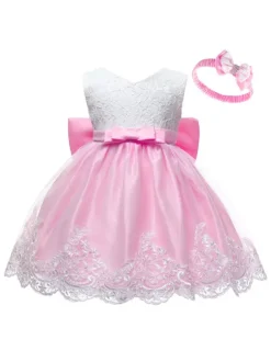 Flower Girl Dresses Jewel Neck Sleeveless Bows Lace Formal Kids Pageant Dresses