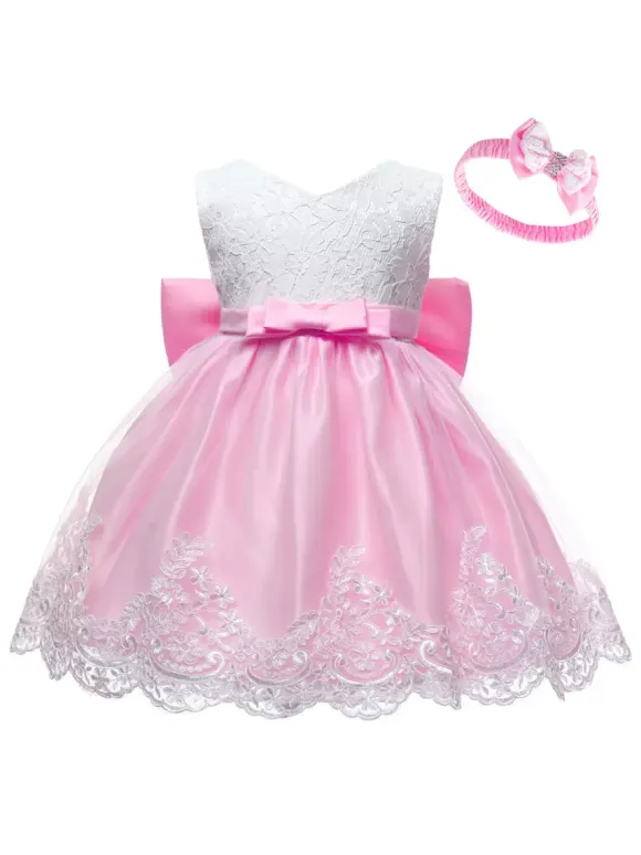Flower Girl Dresses Jewel Neck Sleeveless Bows Lace Formal Kids Pageant Dresses