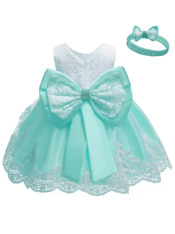 Flower Girl Dresses Jewel Neck Sleeveless Bows Lace Formal Kids Pageant Dresses