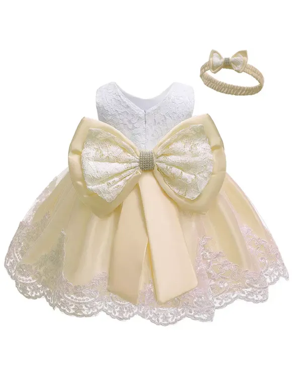 Flower Girl Dresses Jewel Neck Sleeveless Bows Lace Formal Kids Pageant Dresses