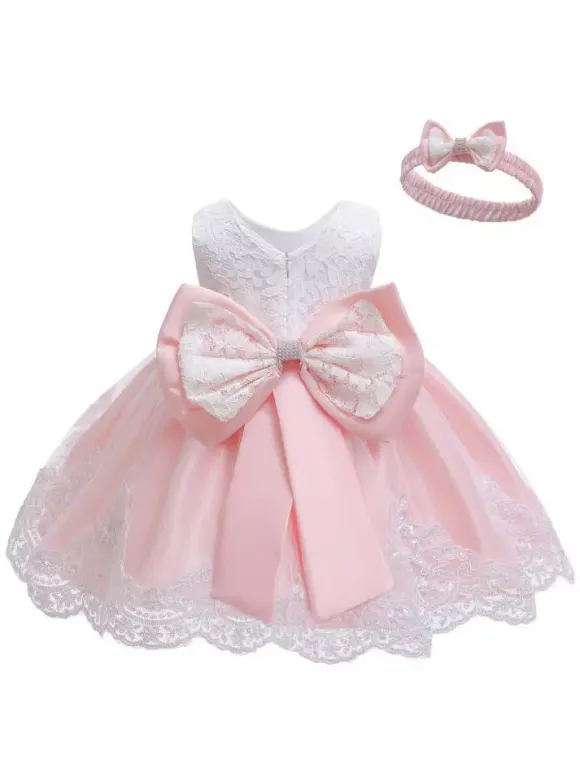 Flower Girl Dresses Jewel Neck Sleeveless Bows Lace Formal Kids Pageant Dresses