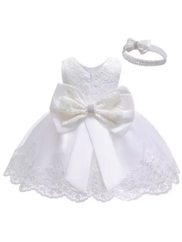 Flower Girl Dresses Jewel Neck Sleeveless Bows Lace Formal Kids Pageant Dresses