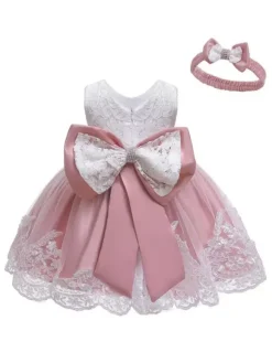 Flower Girl Dresses Jewel Neck Sleeveless Bows Lace Formal Kids Pageant Dresses