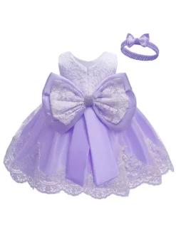 Flower Girl Dresses Jewel Neck Sleeveless Bows Lace Formal Kids Pageant Dresses