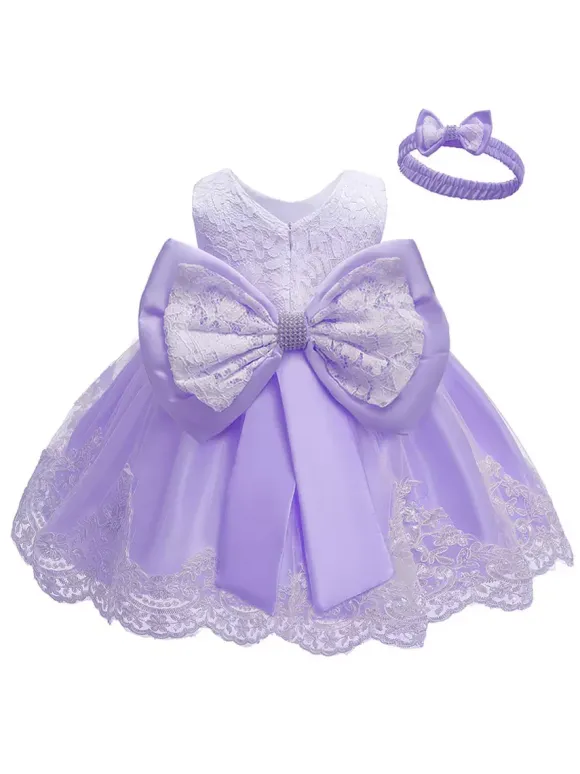 Flower Girl Dresses Jewel Neck Sleeveless Bows Lace Formal Kids Pageant Dresses