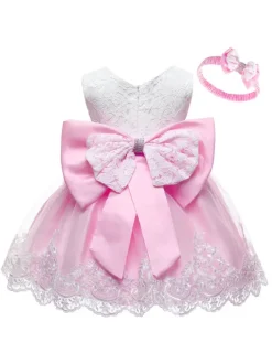 Flower Girl Dresses Jewel Neck Sleeveless Bows Lace Formal Kids Pageant Dresses