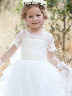 Flower Girl Dresses Jewel Neck Tulle Short Sleeves Floor Length Princess Silhouette Bows Formal Kids Pageant Dresses