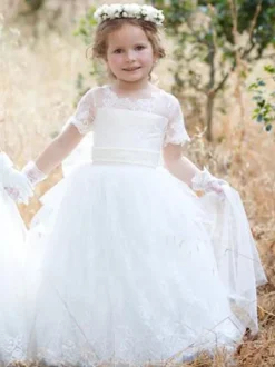 Flower Girl Dresses Jewel Neck Tulle Short Sleeves Floor Length Princess Silhouette Bows Formal Kids Pageant Dresses