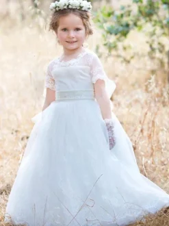 Flower Girl Dresses Jewel Neck Tulle Short Sleeves Floor Length Princess Silhouette Bows Formal Kids Pageant Dresses