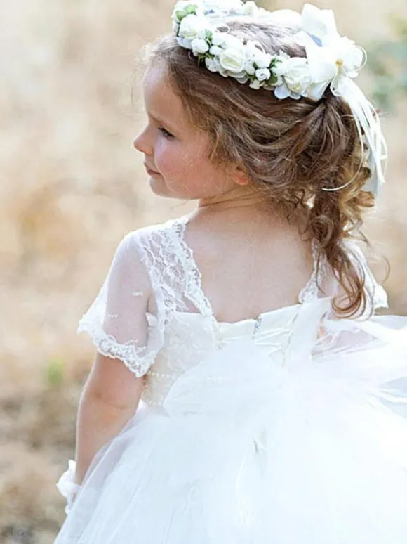 Flower Girl Dresses Jewel Neck Tulle Short Sleeves Floor Length Princess Silhouette Bows Formal Kids Pageant Dresses