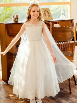 Flower Girl Dresses White Jewel Neck Sleeveless Lace Kids Social Party Dresses