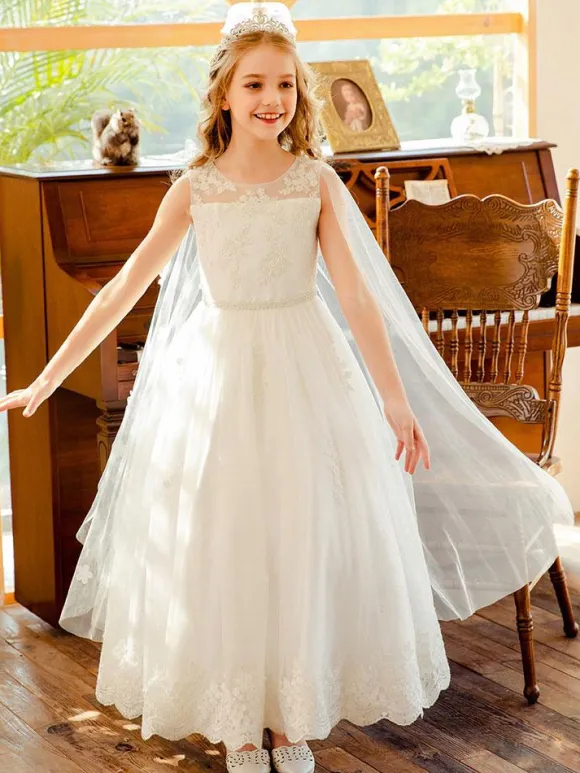 Flower Girl Dresses White Jewel Neck Sleeveless Lace Kids Social Party Dresses