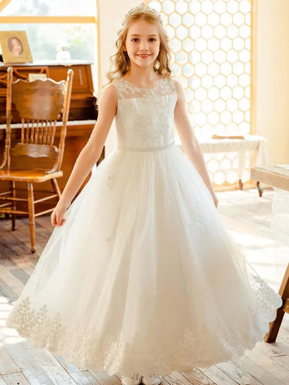 Flower Girl Dresses White Jewel Neck Sleeveless Lace Kids Social Party Dresses