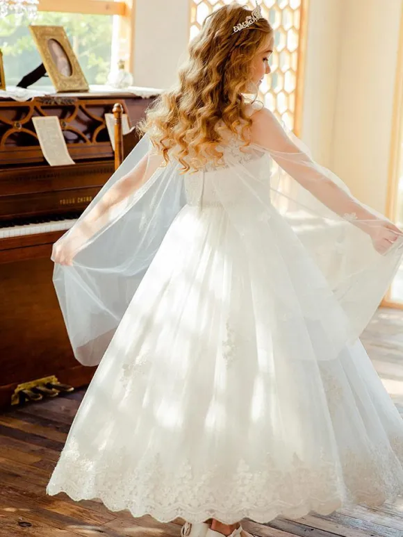 Flower Girl Dresses White Jewel Neck Sleeveless Lace Kids Social Party Dresses