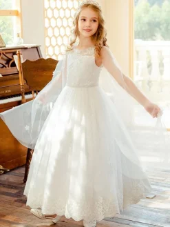 Flower Girl Dresses White Jewel Neck Sleeveless Lace Kids Social Party Dresses