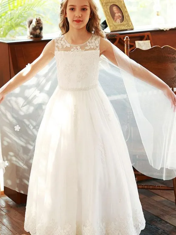 Flower Girl Dresses White Jewel Neck Sleeveless Lace Kids Social Party Dresses