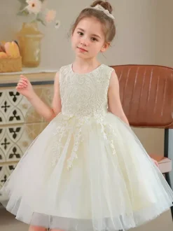 Flower Girl Dresses White Jewel Neck Cotton Sleeveless Knee-Length A-Line Embroidered Formal Kids Pageant Dresses