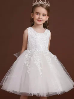Flower Girl Dresses White Jewel Neck Cotton Sleeveless Knee-Length A-Line Embroidered Formal Kids Pageant Dresses