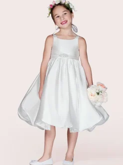 Flower Girl Dresses White Satin Jewel Neck Sleeveless Beaded Formal Kids Pageant Dresses Free Customization