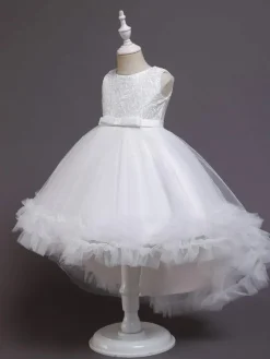 Flower Girl Dresses White Jewel Neck Sleeveless With Train A-Line Embroidered Kids Social Party Dresses