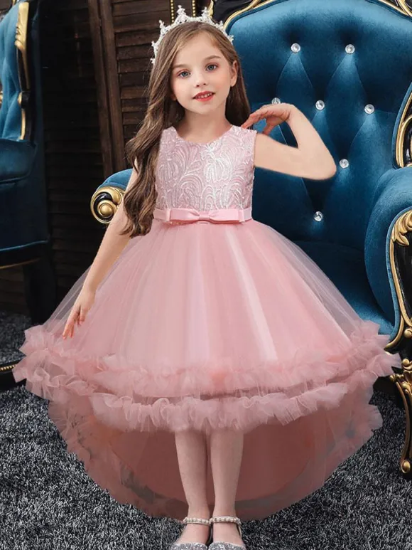 Flower Girl Dresses White Jewel Neck Sleeveless With Train A-Line Embroidered Kids Social Party Dresses