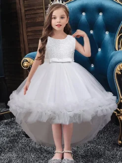 Flower Girl Dresses White Jewel Neck Sleeveless With Train A-Line Embroidered Kids Social Party Dresses