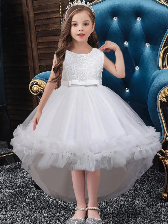 Flower Girl Dresses White Jewel Neck Sleeveless With Train A-Line Embroidered Kids Social Party Dresses