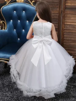 Flower Girl Dresses White Jewel Neck Sleeveless With Train A-Line Embroidered Kids Social Party Dresses