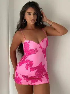 Flower Decorations Women Bodycon Cami Dress - Spaghetti Strap Sexy Mini Dress - Sweet Summer Night Out Clubwear 2026