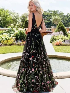 Flower Embroidered Women Maxi Dress - Black V-Neck Tulle Gown - Spring Evening Prom 2026