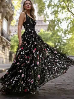 Flower Embroidered Women Maxi Dress - Black V-Neck Tulle Gown - Spring Evening Prom 2026