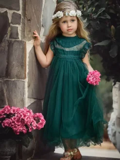 Flower Girl Dress Cotton Blend Cut Out Designed Neckline Sleeveless Brown