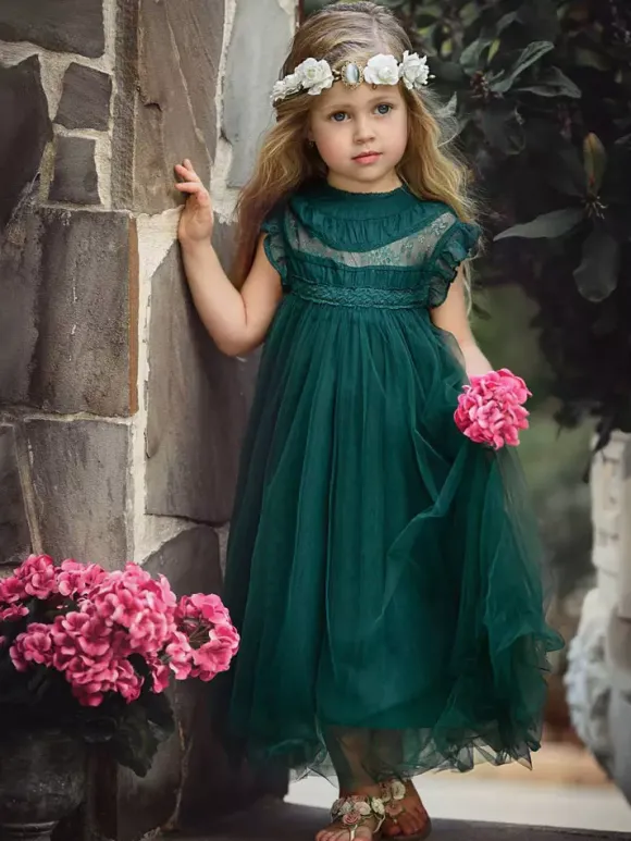 Flower Girl Dress Cotton Blend Cut Out Designed Neckline Sleeveless Brown